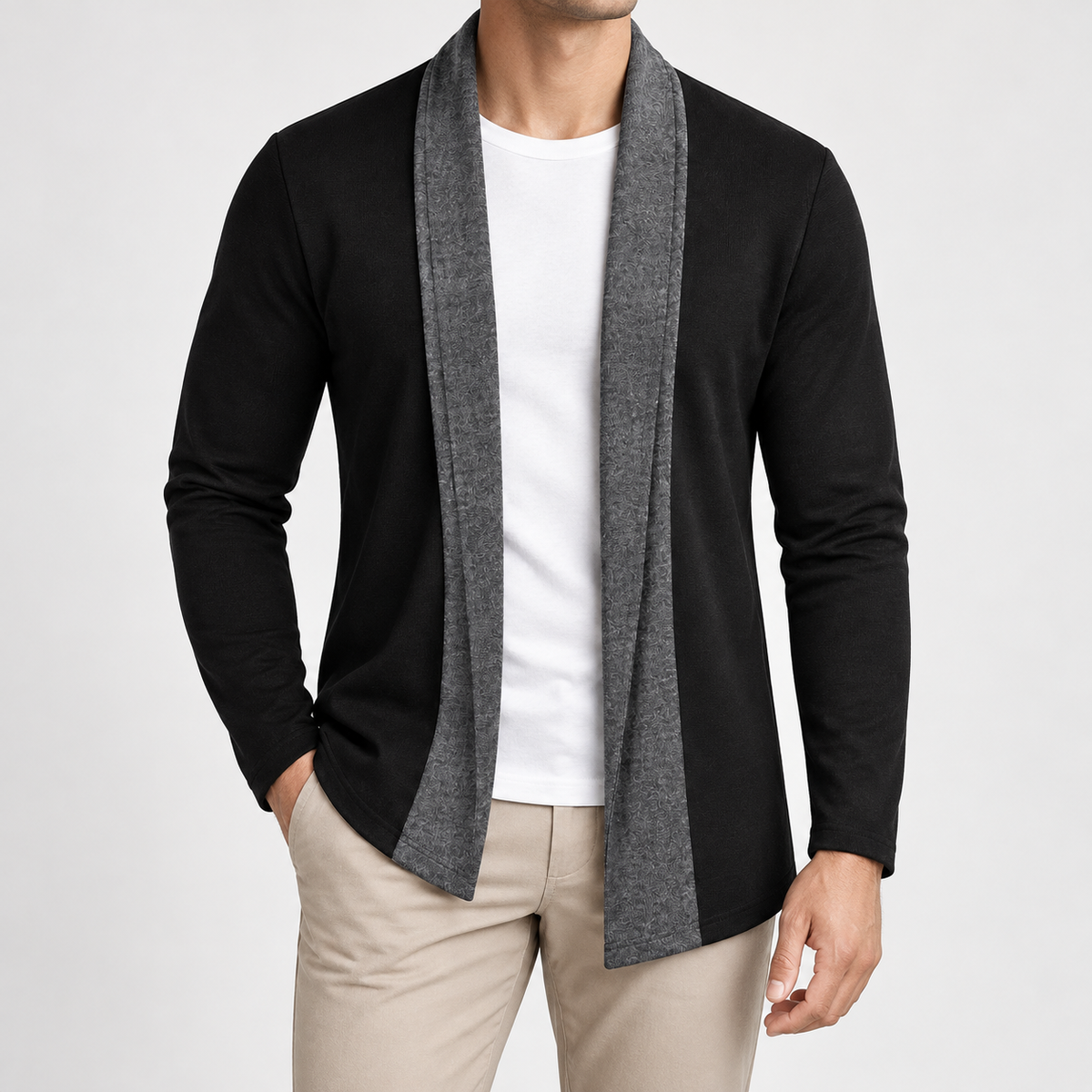 Contrast Shawl Cardigan – Black & Charcoal