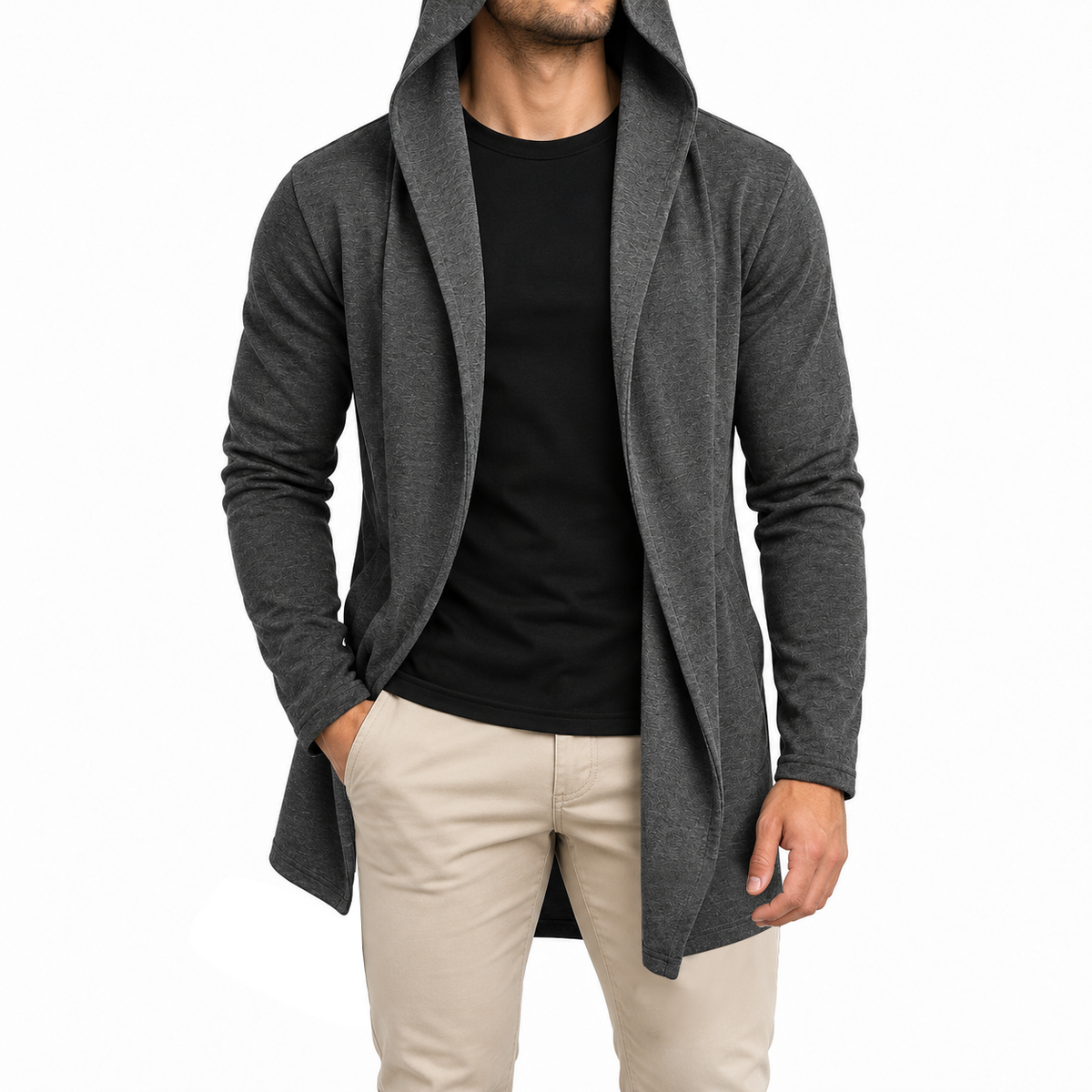 Longline Hooded Cardigan – Charcoal Grey