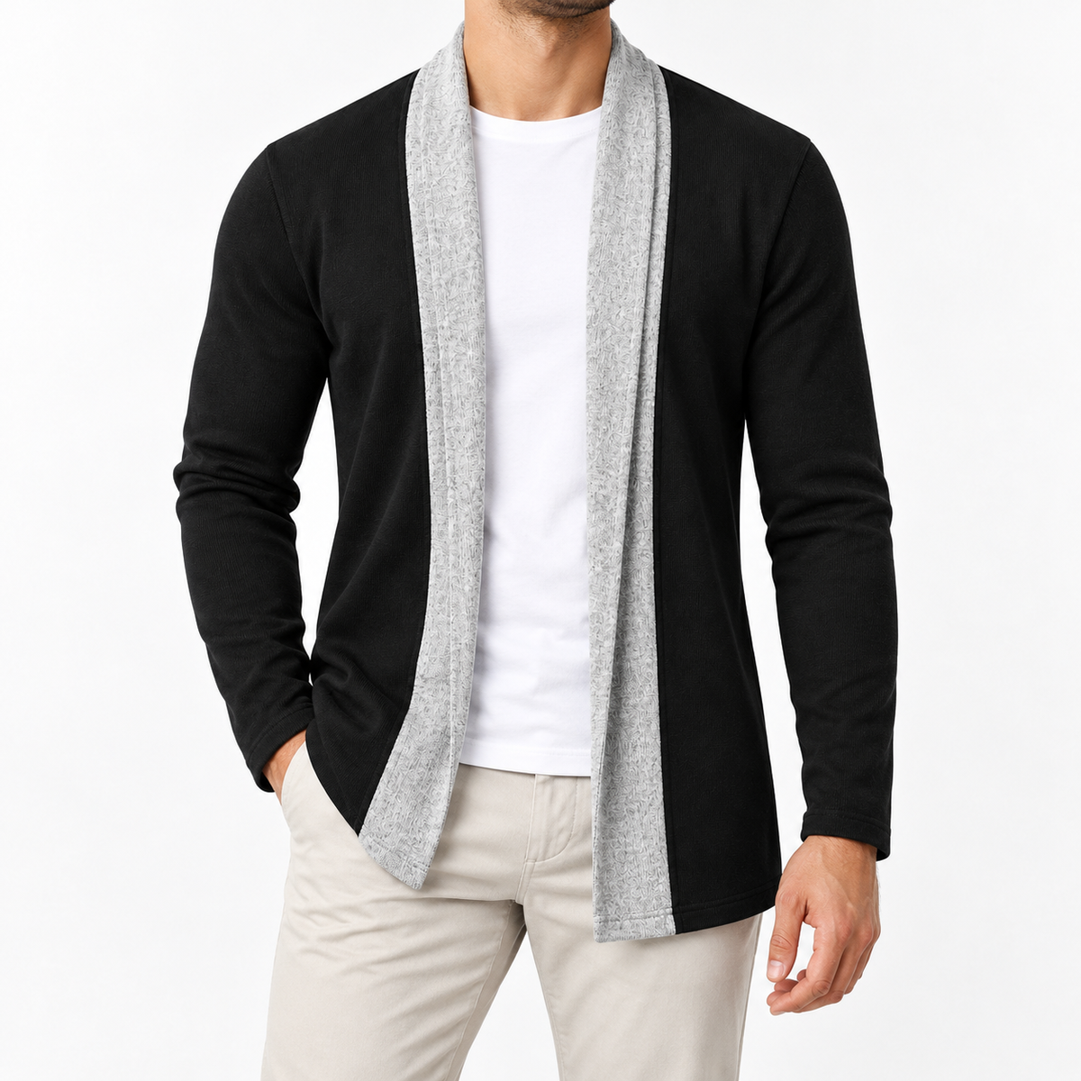 Contrast Shawl Cardigan – Black & Heather Grey